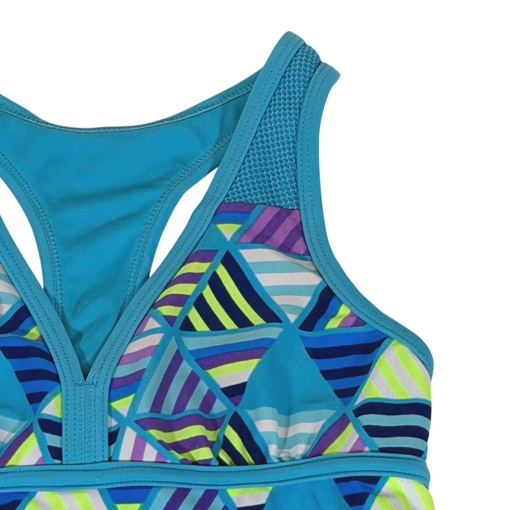 Justice Girls Blue Geometric Triangle Racerback Tankini Two Piece Swimsuit Sz 10